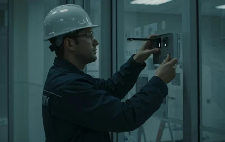 Technician working on access control system in an airport