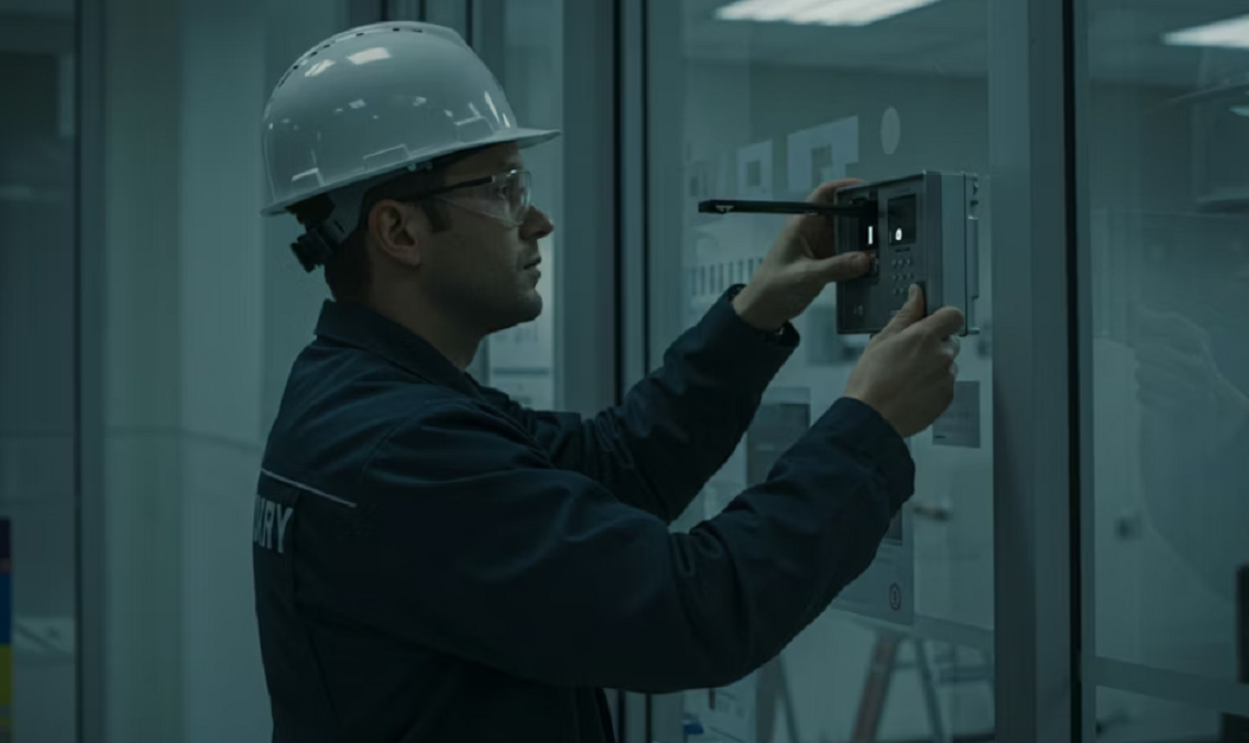 Technician working on access control system in an airport