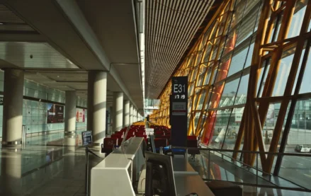 Airport terminal gate area with boarding station