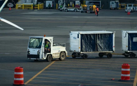 A small airport ground vehicle (baggage tug) pulling luggage carts