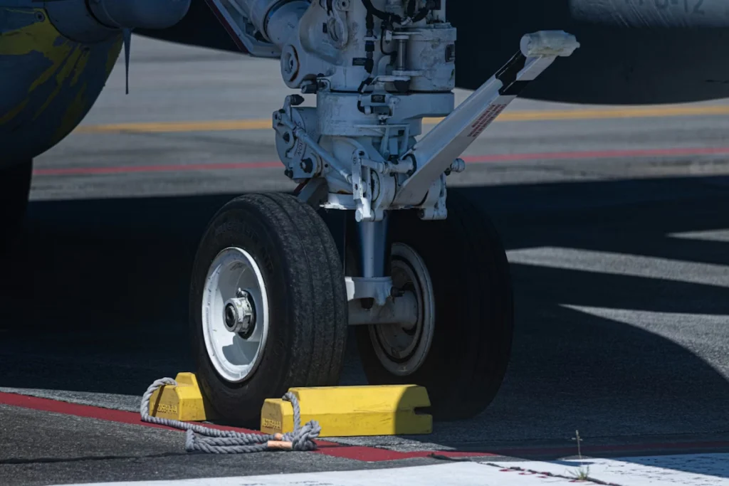 Close-up of an aircraft’s landing gear with wheel chocks in place