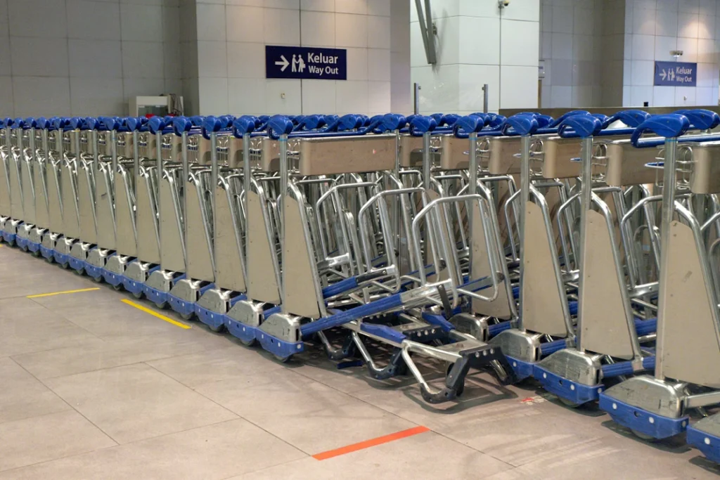 A long row of airport baggage carts (trolleys) lined up inside a terminal