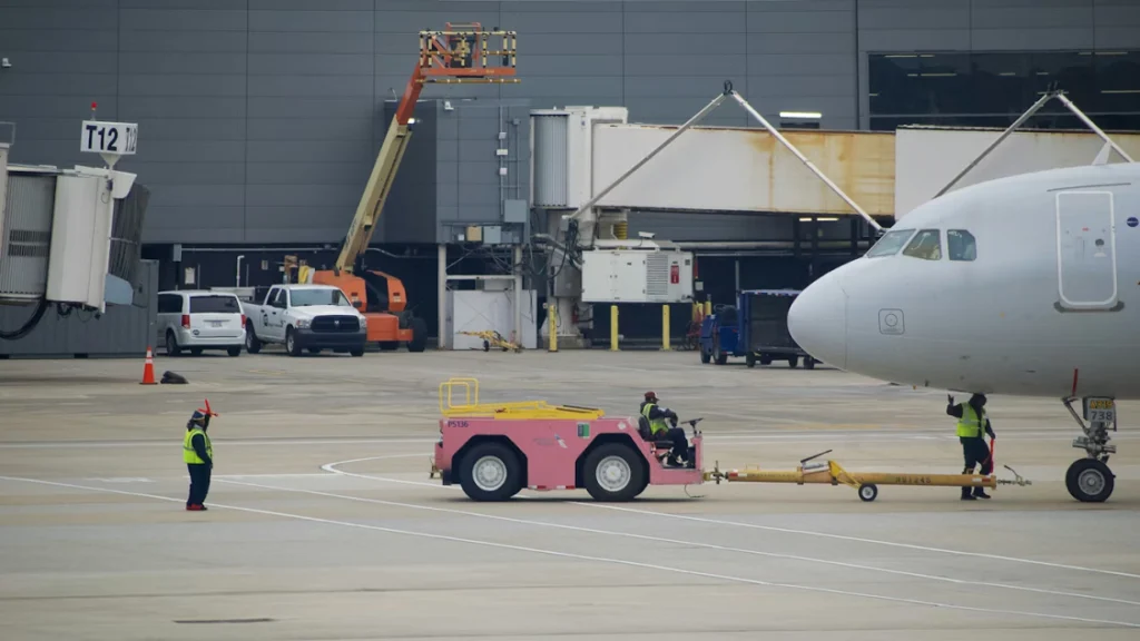 Airport ground crew towing aircraft with pushback tug on tarmac, demonstrating ground support equipment operations