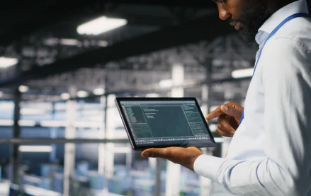 Business professional using a tablet to monitor AI-powered asset tracking and maintenance data inside an industrial facility