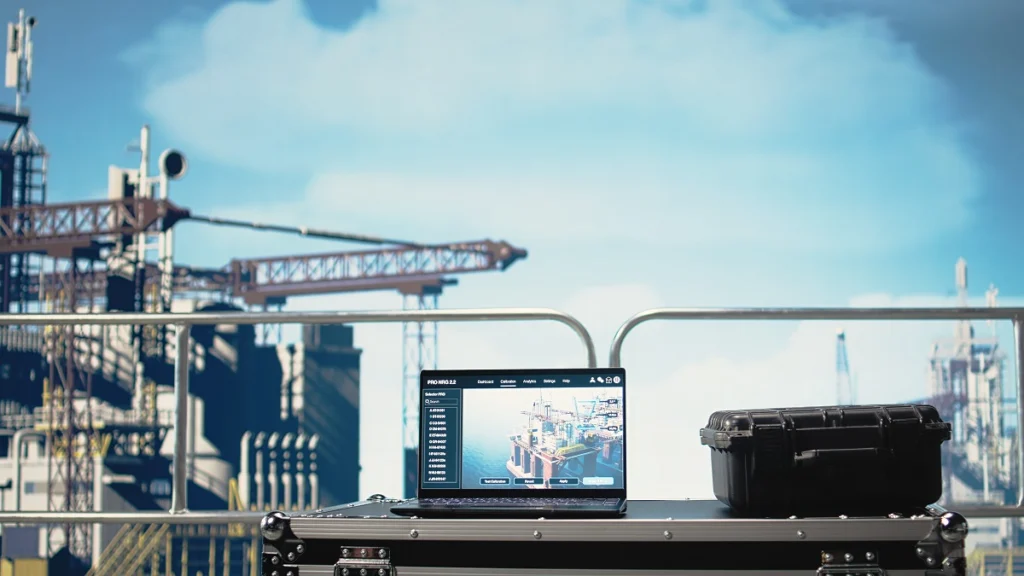 Industrial asset tracking system displayed on a laptop at a manufacturing site with equipment and infrastructure in the background